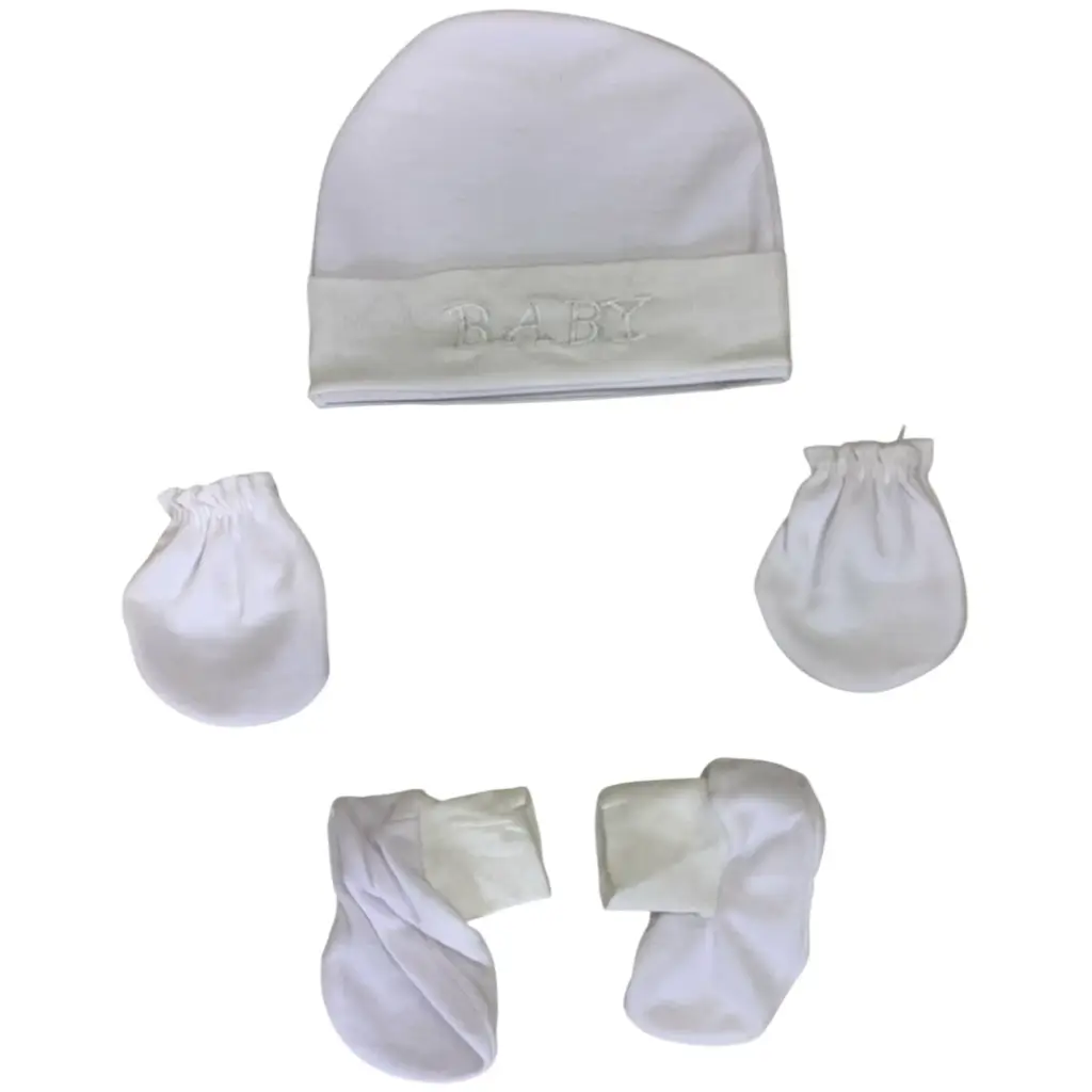 Pure White Cap, mittens & booties set